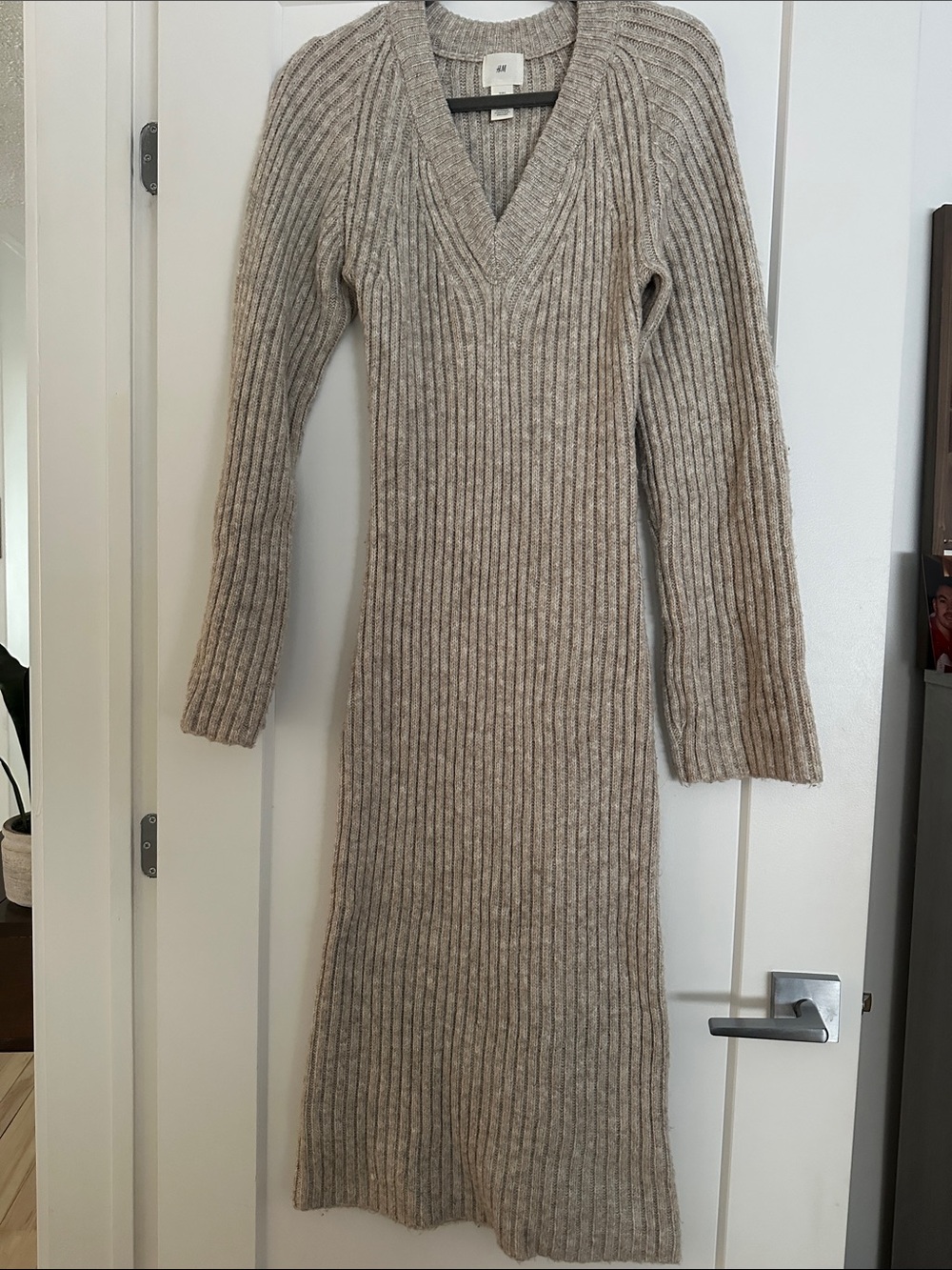 H&M Ribbed V-Neck Long Sleeve Knit Dress in Light Taupe
